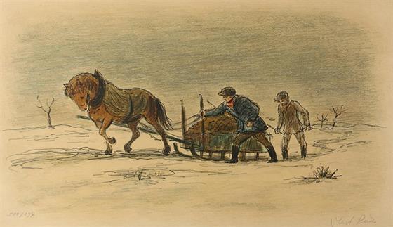 Lidé s koněm v zimní krajině