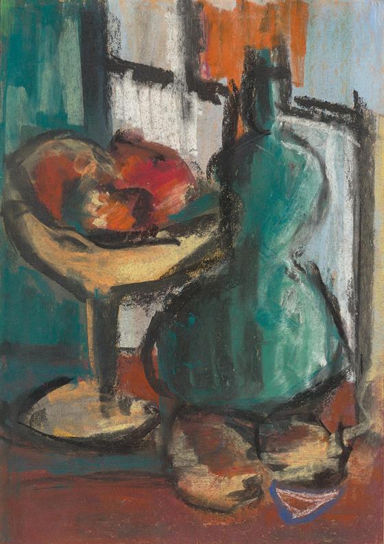 Zátiší s lahví a ovocem